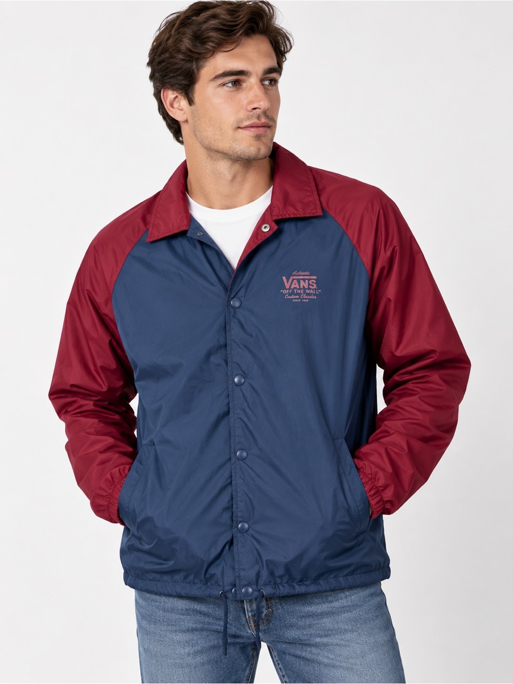 Vans Men's Two-Tone Navy and Burgundy Coach Jacket size M, like new.